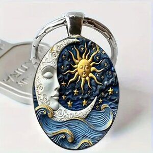Stainless Steel CELESTIAL Sun Moon Keyring Keychain Accessory